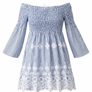 Angela Fashion Blue and White Smocked Top